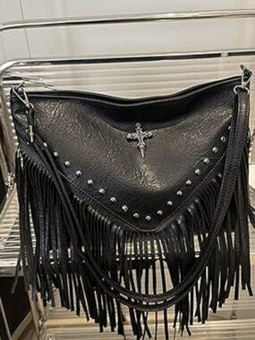 Stunning Black Fringe Purse with Cross Hobo Gothic Punk Black Studded